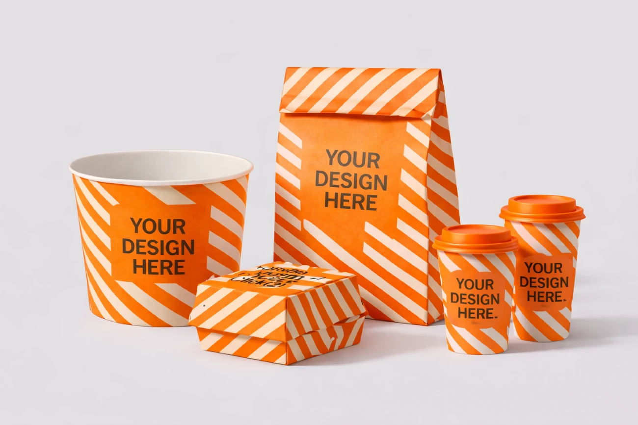 fast food packaging with orange color and white stripe